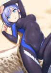  absurdres aoi_(blue_archive) beach black_bodysuit black_wetsuit blue_archive blue_eyes blue_hair blue_halo bodysuit breasts covered_navel diving_suit ear_piercing halo highres imizu_futoshi looking_at_viewer lying medium_breasts on_back open_mouth piercing pointy_ears short_hair skin_tight two-tone_bodysuit wetsuit 