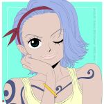  1girl arm_tattoo blue_background blue_hair chest_tattoo chris_re5 close-up english_commentary hand_on_own_cheek hand_on_own_face instagram_username nojiko one_eye_closed one_piece short_hair simple_background smile solo tank_top tattoo twitter_username v-shaped_eyebrows 