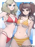  2girls arms_behind_back bikini blonde_hair blue_eyes blue_nails border breasts brown_eyes brown_hair cloud cloudy_sky hand_on_another&#039;s_shoulder highres kujikawa_rise large_breasts long_hair looking_at_viewer multiple_girls narrow_waist navel patreon_username persona persona_4 persona_5 poechan_chan red_bikini sky string_bikini striped_bikini striped_clothes swimsuit takamaki_anne twintails underboob web_address white_border yellow_bikini 