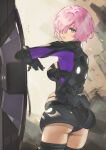  1girl armor ass fadingz fate/grand_order fate_(series) from_behind gloves hair_over_one_eye highres looking_at_viewer looking_back mash_kyrielight mash_kyrielight_(ortenaus) open_mouth parted_lips pink_hair pixiv_id purple_eyes revision short_hair signature 