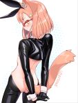  1girl animal_ear_fluff animal_ears arms_behind_back back back_focus black_bow blush bottomless bow bow_hairband breasts cat_ears cat_girl cat_tail ears_visible_through_hair extra_ears hairband highres indie_virtual_youtuber kasai_itsuki kasai_itsuki_(artist) latex latex_legwear latex_shrug looking_back median_furrow medium_hair meme_attire orange_hair own_hands_together red-framed_eyewear reverse_bunnysuit reverse_outfit shrug_(clothing) small_breasts solo sweat tail triangle_hair_ornament wavy_mouth yellow_eyes 