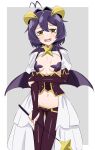  1girl absurdres ahoge black_hair breastless_clothes breasts cross-shaped_pupils cross_facial_mark cross_pasties demon_wings fangs forward_facing_horns highres hiiragi_utena holding_riding_crop horns hoshina_(78737696) low_wings lowleg lowleg_pants magia_baiser magical_girl mahou_shoujo_ni_akogarete navel open_mouth pants pasties purple_pasties short_hair showgirl_skirt shrug_(clothing) small_breasts sweat sweatdrop symbol-shaped_pupils white_shrug wings yellow_eyes yellow_horns 