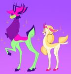 absurd_res alastor_(hazbin_hotel) charlie_morningstar deer deerified demon duo female feral feralized fur green_body green_fur grin hazbin_hotel hi_res labbit1337 male mammal purple_background simple_background smile tan_body tan_fur teeth yellow_body yellow_fur