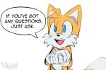 2020 anthro blue_eyes canid canine clothing dialogue english_text fox fur gloves handwear hi_res male mammal miles_prower open_mouth open_smile sega signature simple_background smile solo sonic_the_hedgehog_(series) speech_bubble text violetmadness7 white_body white_fur yellow_body yellow_fur