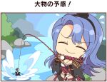  1girl ^_^ armor artist_request bait beads black_gloves black_hairband blue_hair bra breasts bush chibi chibi_only cleavage closed_eyes day fishing fishing_line fishing_lure fishing_rod gloves hairband hat holding holding_fishing_rod japanese_armor kote kurokote large_breasts long_hair nachi_(senran_kagura) official_alternate_costume official_art outdoors panties pom_pom_(clothes) prayer_beads revealing_clothes ribbon-trimmed_bra ribbon-trimmed_panties river rock senran_kagura senran_kagura_new_link senran_kagura_new_wave shoulder_armor shuriken smile sode solo splashing tohno_tengu_shinobi_group_uniform tokin_hat translation_request tree underwear water weapon white_bra white_panties 