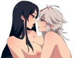  1boy 1girl after_kiss beidou_(genshin_impact) black_hair breasts couple face-to-face french_kiss genshin_impact hetero huge_breasts kaedehara_kazuha kiss long_hair looking_at_another multicolored_hair nipples non-web_source tall_female white_hair 