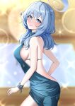  1girl ako_(blue_archive) ako_(dress)_(blue_archive) artist_request backless_dress backless_outfit bare_shoulders blue_archive blue_dress blue_eyes blue_hair blue_halo blush breasts cuffs dress evening_gown halo handcuffs highres large_breasts long_hair looking_at_viewer shackles sideboob sideless_dress single_handcuff sleeveless sleeveless_dress solo 