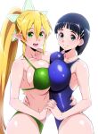  2girls absurdres bikini blonde_hair blue_eyes blue_one-piece_swimsuit breast_press breasts closed_mouth dual_persona fingernails green_bikini hair_between_eyes hair_ornament hairclip highres holding_hands interlocked_fingers island_(kossori) kirigaya_suguha large_breasts leafa long_hair looking_at_viewer multiple_girls one-piece_swimsuit open_mouth pointy_ears ponytail short_hair simple_background smile swimsuit sword_art_online symmetrical_docking white_background 