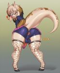 anthro balls bell-bell_(artist) big_butt butt clothed clothing digital_media_(artwork) erection eyewear fishnet_clothing fishnet_stocking flan_(character) fur genitals girly goggles hi_res horn humanoid long_ears looking_at_viewer male neck_tuft partially_clothed penis seam_(sewing) simple_background slime smile solo tail tongue tongue_out translucent tuft wide_hips