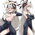  1girl arms_under_breasts bare_shoulders black_dress black_gloves black_horns blue_archive blue_eyes blush breasts cleavage clothes_pull commentary_request covered_nipples dress dress_pull earrings elbow_gloves gloves grey_hair hair_between_eyes halo high_ponytail highres horns huge_breasts jewelry long_hair machismo_fuji makoto_(blue_archive) makoto_(dress)_(blue_archive) multiple_views nipples open_mouth pointy_ears simple_background sweat teeth translation_request very_long_hair white_background 