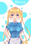  :d akarin_(pixiv6123092) apron arm_at_side bangs blend_s blonde_hair blue_eyes blue_shirt blue_skirt blush breasts bunny_hair_ornament collared_shirt commentary_request dress_shirt eyebrows_visible_through_hair frilled_apron frills hair_between_eyes hair_ornament hand_on_hip highres hinata_kaho large_breasts long_hair open_mouth polka_dot polka_dot_background puffy_short_sleeves puffy_sleeves shirt short_sleeves skirt smile solo stile_uniform uniform upper_teeth very_long_hair waist_apron waitress white_apron white_background 