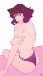  1girl absurdres animal_ears ass back bare_arms bare_back bare_shoulders black_hair blake_belladonna blush cat_ears faunus_(rwby) from_behind hand_on_own_arm highres looking_at_viewer looking_back on_bed panties pink_lips purple_panties roosterteeth rwby short_hair thong topless underwear yellow_eyes yellow_nicky 