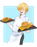  1boy ^_^ black_pants blonde_hair blush burger buttons cheese chef closed_eyes curly_eyebrows facial_hair food food_wrapper french_fries highres holding holding_tray jacket kurimaron lettuce light_blue_background long_bangs male_focus mcdonald&#039;s meat one_eye_covered one_piece open_mouth pants sanji_(one_piece) short_hair simple_background smile solo stubble teeth tray upper_body white_background white_jacket wrapper 