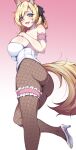  1girl alternate_costume animal_ear_fluff animal_ears arknights arm_strap ass blonde_hair breasts fishnet_pantyhose fishnets frilled_straps hand_on_own_chest highres horse_ears horse_girl horse_tail large_breasts leotard pantyhose playboy_bunny qingshuisi_yu_ji short_eyebrows simple_background smile standing standing_on_one_leg tail thick_eyebrows thigh_strap whislash_(arknights) white_leotard 
