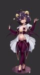  1girl antenna_hair black_hair breastless_clothes breasts corset covered_nipples cross-shaped_pupils cross_pasties fang forward_facing_horns full_body grey_background high_heels highres hiiragi_utena holding_riding_crop horns lolipope magia_baiser mahou_shoujo_ni_akogarete navel open_mouth pants pasties purple_corset purple_pants purple_pasties revealing_clothes riding_crop shrug_(clothing) simple_background small_breasts solo standing symbol-shaped_pupils tile_floor tiles yellow_eyes yellow_horns 
