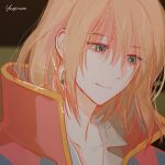  1boy blonde_hair blue_eyes close-up collared_coat commentary_request earrings hair_between_eyes highres howl_(howl_no_ugoku_shiro) howl_no_ugoku_shiro jewelry light_smile looking_down male_focus medium_hair shirt sidelocks solo white_shirt yoursincere 