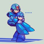  ... 2boys blue_eyes carrying closed_mouth expressionless green_eyes highres humanoid_robot laser-lance mega_man_(character) mega_man_(classic) mega_man_(series) mega_man_x_(series) multiple_boys piggyback robot standing x_(mega_man) 