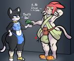 anthro big_butt bulge butt clothing duo embarrassed felid feline hi_res male male/male mammal meow_(space_dandy) money night prostitution slightly_chubby space_dandy stripper taillove_(artist) thick_thighs