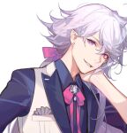  1boy ask_(askzy) bishounen blue_jacket blue_shirt blue_sleeves bow bowtie chest_jewel chinese_commentary coattails collared_jacket collared_shirt commentary_request earrings eyelashes fate/grand_order fate_(series) hair_between_eyes hair_bow hand_on_own_cheek hand_on_own_face handkerchief head_tilt jacket jewelry long_hair long_sleeves looking_at_viewer low_ponytail male_focus merlin_(fate) messy_hair parted_lips pink_bow pink_bowtie pocket pointy_ears purple_eyes purple_hair shirt simple_background sleeves_past_elbows smile solo stud_earrings teeth thick_eyebrows upper_body vest white_background white_vest 
