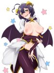  1girl absurdres adamis0108 ahoge alternate_breast_size black_hair breastless_clothes breasts corset cross-shaped_pupils demon_wings fang forward_facing_horns highres hiiragi_utena horns large_breasts low_wings magia_baiser mahou_shoujo_ni_akogarete navel nipples open_mouth pants purple_corset purple_pants short_hair showgirl_skirt shrug_(clothing) solo starry_background symbol-shaped_pupils white_shrug wings yellow_eyes yellow_horns 