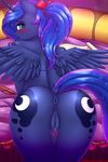  2017 absurd_res anthro anthrofied anus blue_feathers blush butt cutie_mark dock equine eyelashes feathered_wings feathers female friendship_is_magic hair hi_res horn looking_back mammal my_little_pony open_mouth princess_luna_(mlp) pussy rear_view solo spread_wings twistedscarlett60 winged_unicorn wings 