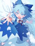 1girl blue_bow blue_dress blue_eyes blue_hair bow cirno collared_shirt detached_wings dress fairy fang hair_bow hanaon highres ice ice_wings looking_at_viewer open_mouth puffy_short_sleeves puffy_sleeves shirt short_hair short_sleeves signature smile socks solo touhou white_shirt white_socks wings 