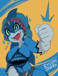  anthro blue_eyes blue_sclera breasts captaineaglesmut doubutsu_sentai_zyuohger eyelashes female fish hand_on_hip kirbsuperstardude marine open_mouth sela shark sharp_teeth smile solo super_sentai teeth 