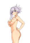  1girl ass blue_eyes blush breasts collarbone completely_nude fate/grand_order fate_(series) grey_hair haruhisky highres large_breasts long_hair looking_at_viewer miyamoto_musashi_(fate) nipples nude ponytail solo swept_bangs 