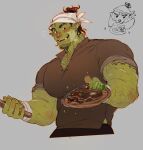  1boy arm_hair bara booboo_(19816236) chef chest_hair colored_skin cropped_legs doodle_inset facial_hair food goatee_stubble green_skin hairy happy head_scarf highres huge_pectorals incoming_food looking_at_viewer male_focus mature_male meat monster_boy muscular muscular_male orc original pectoral_cleavage pectorals pointy_ears sanpaku scar scar_on_arm sparkling_aura stubble thick_eyebrows tusks vitiligo 