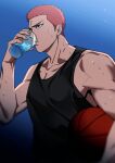  1boy ball basketball_(object) black_tank_top cup drinking highres holding holding_ball holding_cup large_pectorals male_focus mew_shepherd muscular muscular_male outdoors pectorals red_hair sakuragi_hanamichi short_hair slam_dunk_(series) solo tank_top water 