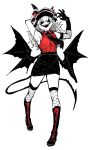  1girl :d androgynous arm_behind_head armpits asymmetrical_horns bat_wings black_skirt black_wings contrapposto demon_girl demon_horns demon_tail evil_smile fishnet_thighhighs fishnets hat highres horns ink_(medium) limited_palette long_hair long_tail necktie open_mouth pencil_skirt pointy_ears police_hat red_shirt sharp_teeth shirt simple_background skirt smile spot_color tail teeth thighhighs traditional_media vampire white_background wings yakunitatsu_node_chi_o_kudasai zyugoya 
