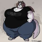 1:1 2016 anthro artist_name belly big_belly big_breasts bottomwear breasts brown_hair canid canine canis clothed clothing dedoarts digital_media_(artwork) female footwear fur grey_body grey_fur hair huge_breasts huge_thighs mammal multicolored_body multicolored_fur obese obese_anthro obese_female overweight overweight_anthro overweight_female pants ponytail shirt shoes solo sophia_(xxsparcoxx) thick_thighs topwear two_tone_body two_tone_fur white_body white_fur wolf