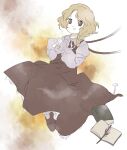  1girl :d blonde_hair book braid brown_dress brown_eyes brown_footwear dress hands_up interlocked_fingers jacket_girl_(dipp) long_hair long_sleeves nail neck_ribbon nonamejd official_style open_book ribbon shoes side_braid smile solo touhou white_ribbon zun_(style) 