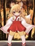  1girl ahoge animal_ear_fluff animal_ears brown_eyes brown_hair commission fox_ears fox_girl fox_tail full_body furry furry_female hand_on_own_hip highres huton_iinioi japanese_clothes kimono kneehighs long_hair looking_at_viewer miko miniskirt original outdoors red_skirt sandals skeb_commission skirt sleeves_past_wrists smile socks solo standing tail thighs white_kimono white_socks 