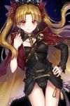  &gt;:) bangs black_background black_nails blonde_hair blush cape commentary_request earrings ereshkigal_(fate/grand_order) fate/grand_order fate_(series) hair_ribbon hand_on_hip highres jewelry kiritani846 long_hair looking_at_viewer nail_polish parted_bangs red_cape red_eyes red_ribbon ribbon skull solo spine tiara twintails two_side_up v-shaped_eyebrows 