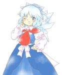  1girl ;d blue_bow blue_dress blue_eyes blue_hair blue_wings bow cirno collared_shirt dress fairy flat_chest front_bow hair_bow hand_up ice ice_wings juliet_sleeves light_blue_hair long_sleeves nonamejd official_style one_eye_closed parted_bangs pinafore_dress puffy_sleeves red_scarf sash scarf shirt short_hair simple_background sleeveless sleeveless_dress smile solo touhou white_background white_bow white_sash white_shirt wings zun_(style) 
