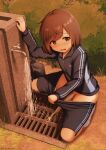  1girl arisu_kazumi bag black_track_suit blush brown_eyes brown_hair bush clothes_pull commentary_request drain_(object) faucet full_body long_sleeves open_mouth original outdoors pants pants_pull peeing school_bag short_hair solo squatting sweatdrop textless_version twitter_username white_footwear 