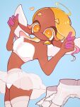  1girl 333surimi alternate_costume angel_wings bare_shoulders blonde_hair blue_background breasts bright_pupils cleavage colored_eyelashes commentary_request dark-skinned_female dark_skin eyelashes fake_wings frye_(splatoon) gradient_hair halo heart highres jumping large_breasts multicolored_hair navel panties parted_lips pink_hair pointy_ears see-through see-through_skirt shoes short_hair simple_background skirt solo splatoon_(series) splatoon_3 star-shaped_pupils star_(symbol) symbol-shaped_pupils teeth tentacle_hair thick_eyebrows thighhighs two-tone_hair underwear white_footwear white_panties white_pupils white_skirt white_thighhighs wings yellow_eyes 