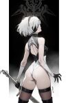  1girl 2b_(nier:automata) ass black_blindfold black_thighhighs blindfold boots breasts closed_mouth cowboy_shot elbow_gloves from_behind gloves gradient_background headband highleg highleg_leotard highres holding holding_sword holding_weapon leotard looking_back nier:automata nier_(series) profile revision short_hair siino simple_background small_breasts solo sword thigh_boots thighhighs thighhighs_under_boots twitter_username two-tone_gloves two-tone_leotard weapon white_hair 
