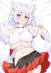  1girl animal_ear_fluff animal_ears arm_under_breasts bed_sheet black_skirt blush breasts commentary_request cowboy_shot detached_sleeves fang grey_hair groin hair_between_eyes hand_up inubashiri_momiji large_breasts long_sleeves looking_at_viewer lying navel on_back open_mouth pom_pom_(clothes) red_eyes red_skirt rururiaru shirt short_hair skin_fang skirt sleeveless sleeveless_shirt solo tail touhou two-tone_skirt wavy_mouth white_shirt wide_sleeves wolf_ears wolf_girl wolf_tail 