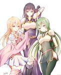  aira_(fire_emblem) armor arms_behind_back atoatto belt black_eyes black_hair blonde_hair boots breastplate brown_eyes cape dress elbow_gloves fire_emblem fire_emblem:_seisen_no_keifu flower fury_(fire_emblem) gloves green_dress green_eyes green_hair hand_in_hair holding holding_cape holding_flower lachesis_(fire_emblem) lily_(flower) long_hair multiple_girls open_mouth purple_dress shoulder_armor side_slit skirt smile spaulders thighhighs very_long_hair white_flower zettai_ryouiki 