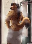 anthro bathroom black_hair blush brown_body brown_fur butt clothing dialogue ear_piercing fur hair hi_res hyena kopyorh looking_at_viewer male mammal muscular piercing rear_view shower shy smile smiling_at_viewer solo steam striptease tail tehl_(character) towel undressing wet yellow_sclera