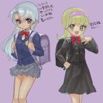  2girls backpack bag black_skirt blazer blonde_hair blue_jacket bow goha_yuuna green_eyes hairband jacket long_hair multiple_girls mutsuba_asaka pink_hairband pleated_skirt purple_eyes red_bow school_uniform simple_background skirt white_hair yu-gi-oh! yu-gi-oh!_go_rush!! yuzutaroman 