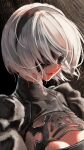  1girl 2b_(nier:automata) absurdres black_blindfold black_dress black_hairband blindfold bob_cut breasts cleavage cleavage_cutout closed_mouth clothing_cutout commentary dress hairband highres juliet_sleeves large_breasts lips long_sleeves mole mole_under_mouth nier:automata nier_(series) puffy_sleeves short_hair solo temoc turtleneck_dress upper_body white_hair 