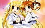  2girls blonde_hair canon couple fate_testarossa hand_holding happy interlocked_fingers lyrical_nanoha mahou_shoujo_lyrical_nanoha mahou_shoujo_lyrical_nanoha_a&#039;s mic multiple_girls official official_art open_mouth orange_hair pigtails purple_eyes red_eyes school_uniform simple_background smile takamachi_nanoha twintails uniform younger yuri 