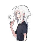  1girl :d ahoge arm_at_side black_shirt blue_eyes blue_nails bright_pupils commentary_request cropped_torso eighth_note fang from_side grey_hair hair_down hand_up higashi_shino highres light_blush long_hair looking_at_viewer musical_note nowareno_(higashi_shino) open_mouth original pointy_ears profile shirt short_sleeves sideways_glance sideways_mouth simple_background sketch skin_fang slit_pupils smile solo spoken_musical_note t-shirt upper_body v white_background white_pupils 