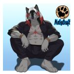 abs anthro bottomwear bracelet bulge canid canine canis clothed clothing hair heterochromia hi_res hindpaw jewelry kime male mammal markings netiscraft open_clothing open_shirt open_topwear pants paws red_hair red_markings shirt solo topwear white_hair wolf