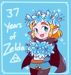 biped blonde_hair clothed clothing english_text eyebrows female flower hair hi_res humanoid humanoid_pointy_ears hylian nintendo not_furry open_mouth open_smile plant princess_zelda smile solo text the_legend_of_zelda yuki_oto