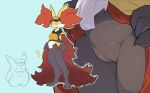 anthro biped bottomless breasts clefairy clothed clothing delphox dodudoru duo female fur generation_1_pokemon generation_6_pokemon genitals hi_res nintendo orange_body orange_fur pokemon pokemon_(species) pussy red_body red_fur white_body white_fur yellow_body yellow_fur