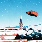  blue_sky building car city highres iida_kento midair motor_vehicle mountain no_humans original outdoors red_car scenery sky snow snowing spoiler_(automobile) tree winter 